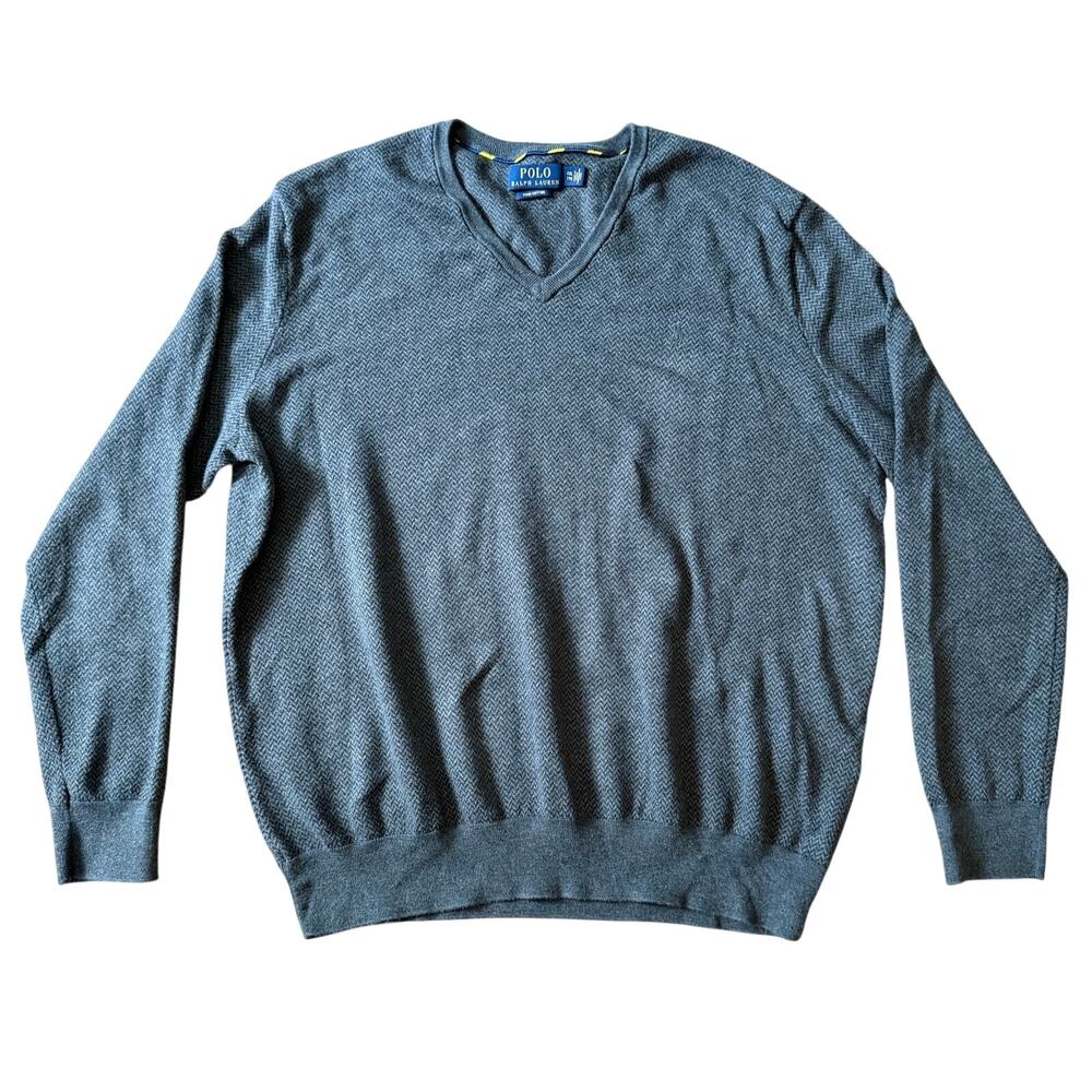 Polo Ralph Lauren Gray Herringbone V-Neck Pullover Sweater 100% Cotton Men's XXL